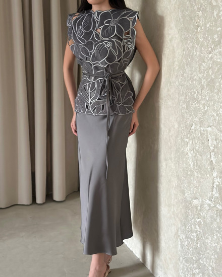 Clara Top With Flare Skirt In Storm Gray